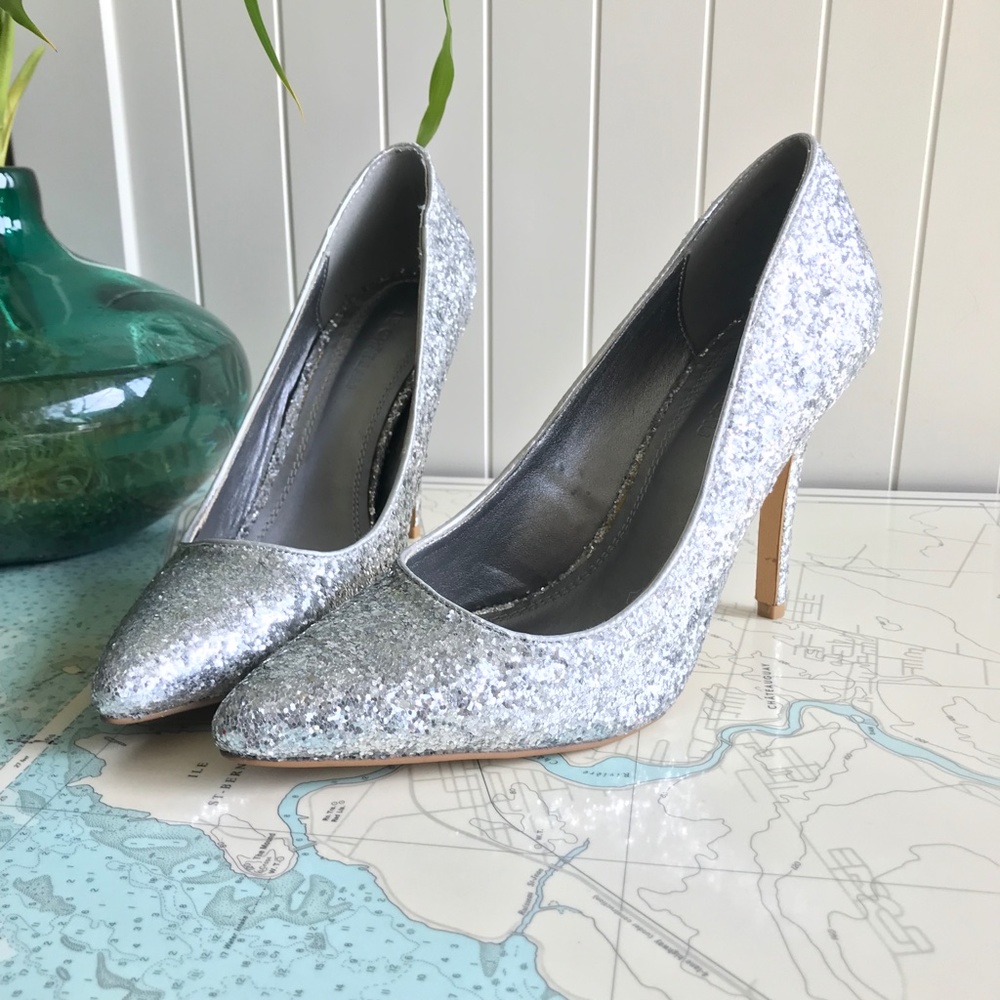 Sparkly Silver Heels by Le Chateau